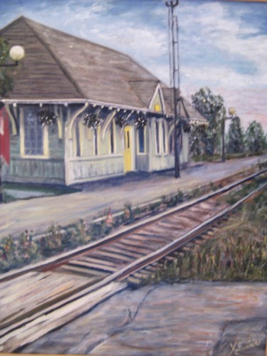 Painting titled "Gare de Trois-Pisto…" by Kellerstein, Original Artwork, Oil Mounted on Wood Stretcher frame