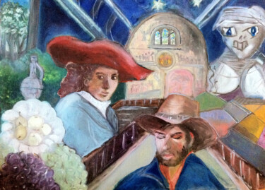 Painting titled "Cowboy and Angels" by Ann Lahti, Original Artwork, Oil