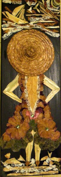 Marqueterie de paille,fleurs séchées et dentelle sur toile 20x60 (4) 제목이 "Marqueterie de pail…"인 콜라주 Nikolina Bellanger로, 원작