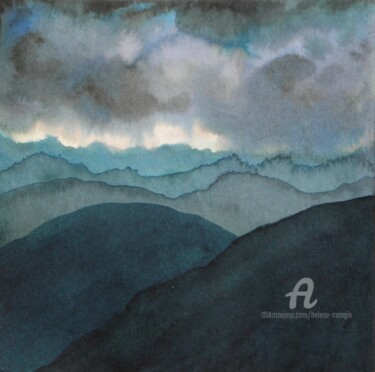 Peinture intitulée "Paysage de montagne…" par Hélène Mongin, Œuvre d'art originale, Encre