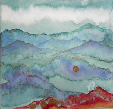 Peinture intitulée "Paysage de montagne…" par Hélène Mongin, Œuvre d'art originale, Encre