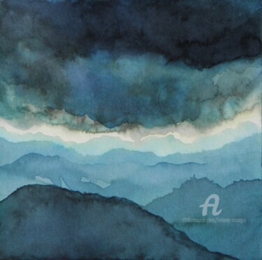 Peinture intitulée "Paysage de montagne…" par Hélène Mongin, Œuvre d'art originale, Encre