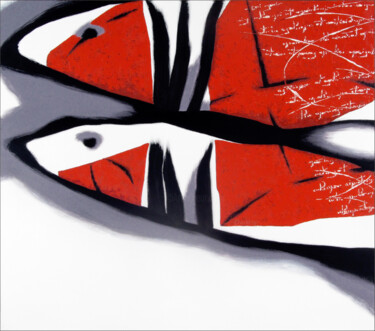 Schilderij getiteld "Letters on the red…" door Alex Oliger, Origineel Kunstwerk, Olie