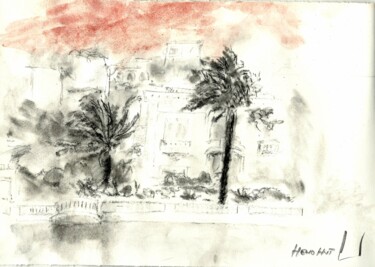 Villa Les Mouettes à Cap d'Ail par fort vent de Sud Est Dessin intitulée "Villa Les Mouettes…" par Hénohut De Zhéry, Œuvre d'art originale, Fusain