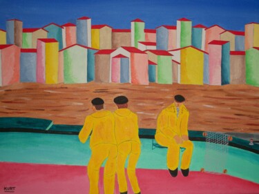Tableau naif Pêcheurs à quais Peinture intitulée "Tableau naif Pêcheu…" par Didier Dordeins, Œuvre d'art originale, Acrylique