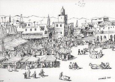Dessin intitulée "La place Jamaa el f…" par Abdellatif Zeraidi Bd Lltyf Lzrydy, Œuvre d'art originale, Autre
