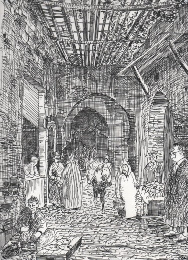 Dessin intitulée "Un souk à Fès (Maro…" par Abdellatif Zeraidi Bd Lltyf Lzrydy, Œuvre d'art originale, Autre