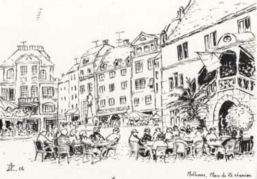 Dessin intitulée "Place de la réunion…" par Abdellatif Zeraidi Bd Lltyf Lzrydy, Œuvre d'art originale, Encre
