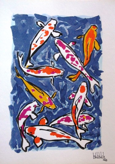 Malerei mit dem Titel "9 KOI CARPS" von Barake Sculptor, Original-Kunstwerk, Aquarell