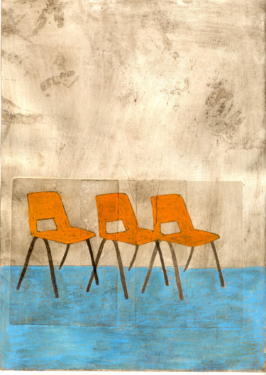 Printmaking titled "Three Orange Chairs" by Sophie Cordery, Original Artwork