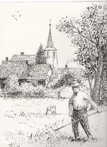 Dessin intitulée "Ferme en Alsace" par Abdellatif Zeraidi Bd Lltyf Lzrydy, Œuvre d'art originale, Encre