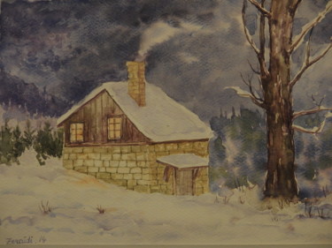 Peinture intitulée "cabane sous la neige" par Abdellatif Zeraidi Bd Lltyf Lzrydy, Œuvre d'art originale, Aquarelle