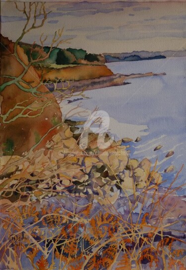 Logonna Daoulas, le Bindy, la côte vue du sentier côtier Peinture intitulée "Logonna Daoulas, le…" par Claude Marchalot, Œuvre d'art originale, Aquarelle
