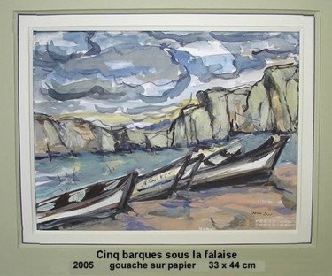 Peinture intitulée "cinq barques sous l…" par Ioana, Œuvre d'art originale, Gouache
