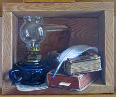 La lampe-bleue. Peinture intitulée "La lampe-bleue." par Catherine Salmeron, Œuvre d'art originale, Huile