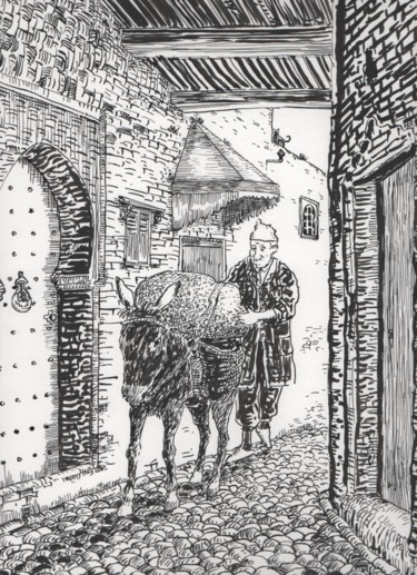 Dessin intitulée "Ruelle à Fès (Maroc)" par Abdellatif Zeraidi Bd Lltyf Lzrydy, Œuvre d'art originale, Autre