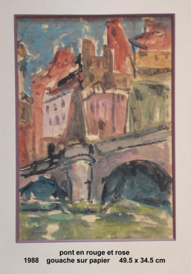 Peinture intitulée "pont en rouge et ro…" par Ioana, Œuvre d'art originale, Gouache