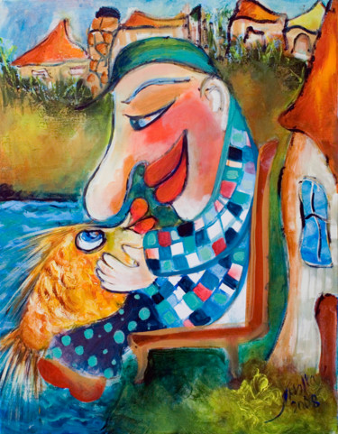 Painting titled "old-man-and-the-gol…" by Malka Tsentsiper, Original Artwork, Oil