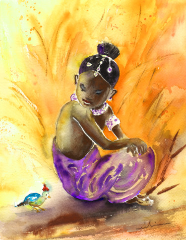 The Little Princess and The Bird Painting titled "The Little Princess…" by Miki De Goodaboom, Original Artwork, Gouache