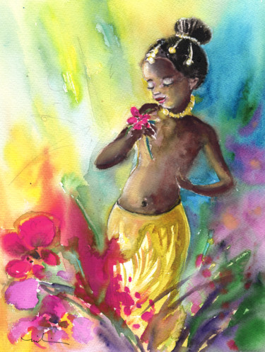 The Little Princess and The Flower Painting titled "The Little Princess…" by Miki De Goodaboom, Original Artwork, Gouache