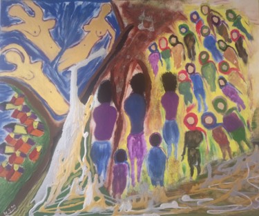 Peinture intitulée "les villageois s'i…" par Khadija Sadek Moudafi, Œuvre d'art originale, Huile