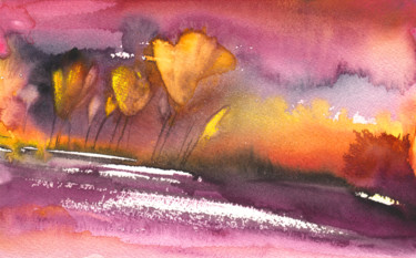 Painting titled "Sunset 35" by Miki De Goodaboom, Original Artwork, Watercolor