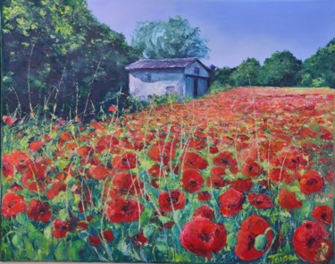 La grange aux coquelicots Peinture intitulée "La grange aux coque…" par Toine, Œuvre d'art originale, Huile