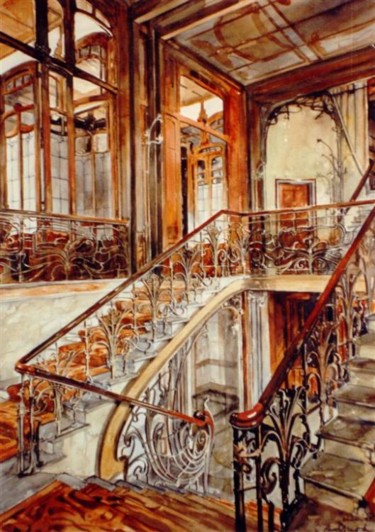 Painting titled "Cage d'escalier, Hô…" by Paul Dmoch, Original Artwork, Watercolor