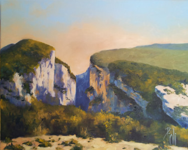 Painting titled "Les gorges du Verdon" by Sylvie Pioli, Original Artwork, Oil Mounted on Wood Stretcher frame