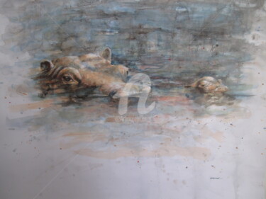 Peinture intitulée "hippopotames-aquare…" par Elisabeth Le Prunenec, Œuvre d'art originale, Aquarelle