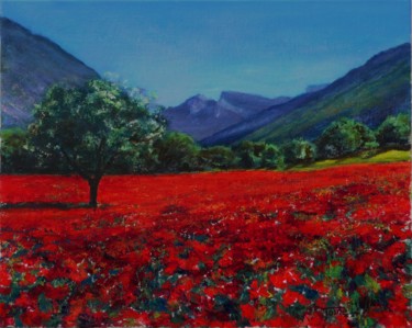Quand vient le soir sur la vallée aux coquelicots. Peinture intitulée "Quand vient le soir…" par Toine, Œuvre d'art originale, Huile