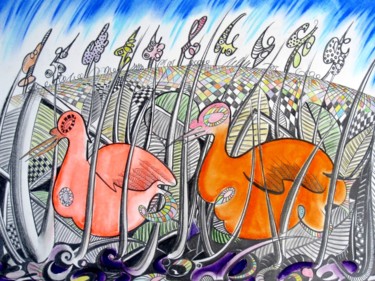 Σχέδιο με τίτλο "Poules d'échiquier…" από Jacques Durand, Αυθεντικά έργα τέχνης, Μολύβι