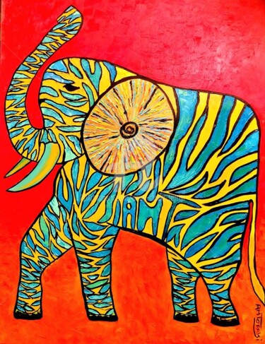 Peinture intitulée "l'éléphant zébré (d…" par Anne Marie Torrisi, Œuvre d'art originale, Huile