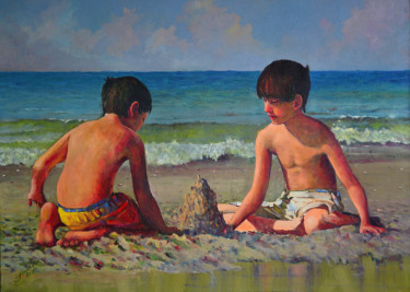 Meninos na praia de Juquehy Pintura intitulada "Meninos na praia de…" por Linaldo Cardoso, Obras de arte originais, Óleo