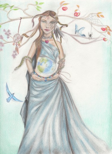 Dessin intitulée "gaia-la-mere.jpg" par Sandra Chapdelaine, Œuvre d'art originale, Crayon
