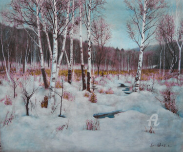 Pittura intitolato "雪与白桦树的约会" da Zhang Zhi Guo, Opera d'arte originale, Tempera