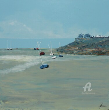 Peinture intitulée "Sur la grève" par Bernard Cahue, Œuvre d'art originale, Huile Monté sur Châssis en bois
