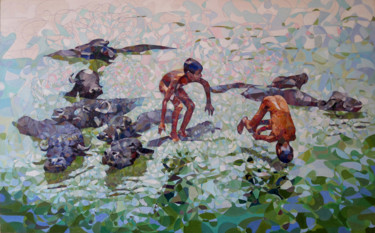 Peinture intitulée ""NIÑOS JUGANDO CON…" par Andrades, Œuvre d'art originale, Huile Monté sur Châssis en bois