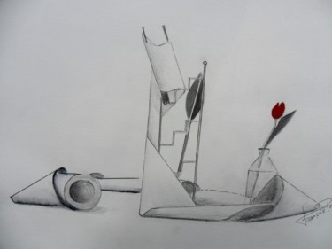Dibujo titulada "La tulipe rouge" por Françoise Pillou, Obra de arte original, Tinta