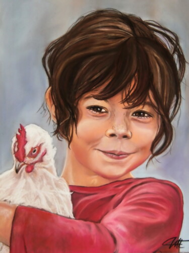 Drawing titled "JULIETTE et sa poul…" by Catherine Wernette, Original Artwork, Pastel