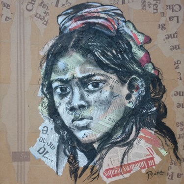 Dessin intitulée "Indienne" par Hélène Py, Œuvre d'art originale, Fusain