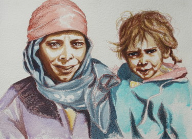 Peinture intitulée "Mère et fille Egypte" par Hélène Py, Œuvre d'art originale, Aquarelle