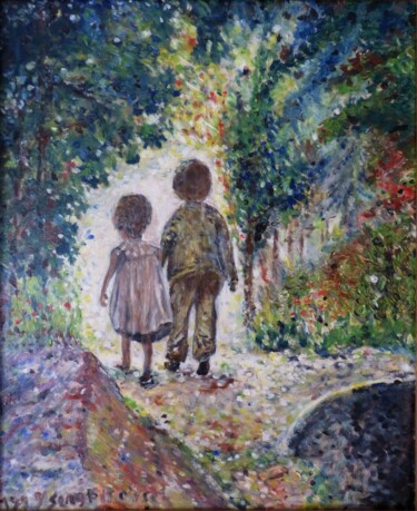 Peinture intitulée "Enfants en forêt" par Serge Boisse, Œuvre d'art originale, Huile Monté sur Châssis en bois