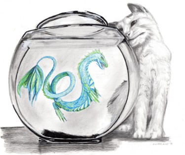 Dessin intitulée "the cat and the dra…" par Sandra Chapdelaine, Œuvre d'art originale, Autre