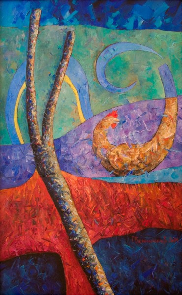 Painting titled "Hen / 57x89, oil on…" by Georgi Veniaminov, Original Artwork, Oil