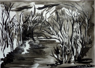 Painting titled "Le bois des ombres…" by Clau Redier-Clément, Original Artwork, Ink