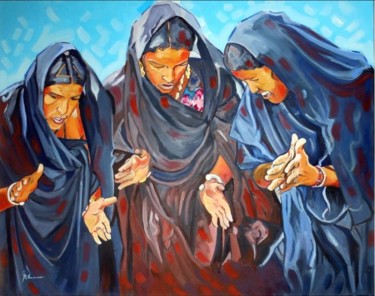 trois-femmes-targuies-en-fête.jpg Peinture intitulée "trois-femmes-targui…" par Rahmouna Boudjellal, Œuvre d'art originale, Huile