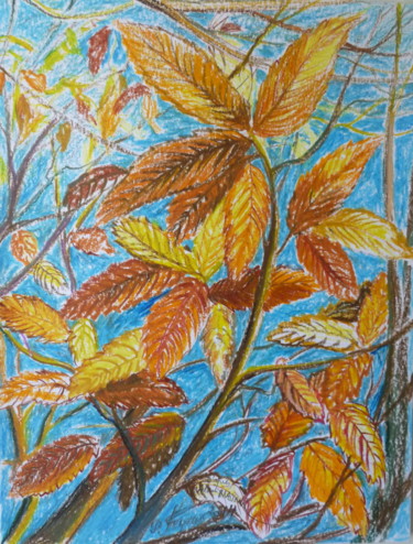 Dessin intitulée "Feuilles-de-chataig…" par Pierre Feyeux, Œuvre d'art originale, Pastel