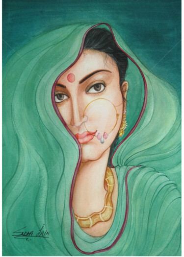 Painting titled "BEAUTY BEHIND GREEN" by Suddha Sama, Original Artwork, Watercolor