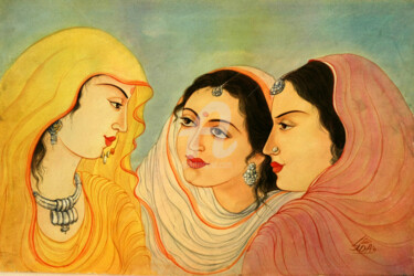 Painting titled "THREE WOMEN 1" by Suddha Sama, Original Artwork, Watercolor Mounted on Other rigid panel